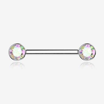 A Pair of Implant Grade Titanium Bezel Set Sparkle Internally Threaded Nipple Barbell-Aurora Borealis